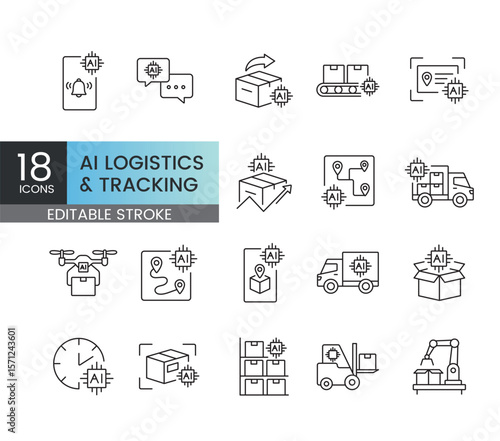 A set of vector icons representing AI-powered logistics, delivery tracking, and automation processes, created in line style with editable stroke