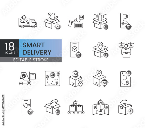 A set of vector icons representing smart delivery, AI logistics, and automated parcel tracking, created in line style with editable stroke
