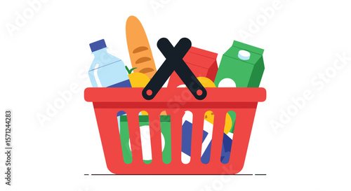 A vibrant shopping basket filled with essential groceries and household items for everyday needs