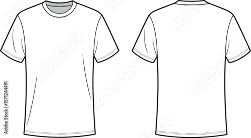 Classic crew neck short sleeve t-shirt flat sketch front and back, fashion vector template, apparel CAD drawing illustration