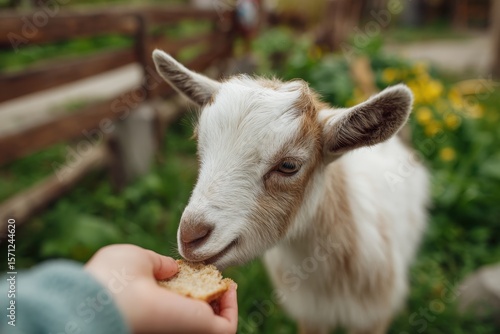 Goat kid nibbling bread from a child s hands in a lush summer garden