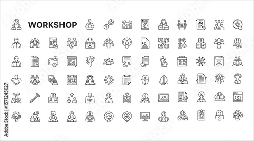 Workshop icons in clean line style, ideal for apps and websites related to training and teamwork.