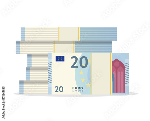 Big pile of money isolated on white background. 20 euro money banknotes fan. Europen bill cash money. Twenty euros. Vector stock