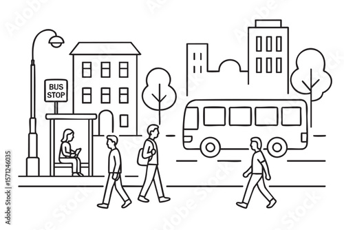Urban street with people walking and waiting at a bus stop. Bus and buildings in minimalist line style. 