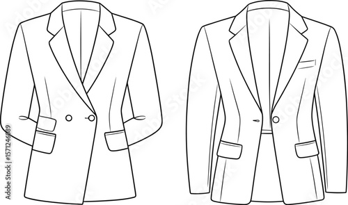 Women’s formal blazer front view technical fashion sketch, CAD flat illustration for clothing design, tailored jacket template drawing