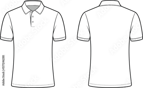 Men's polo shirt front and back technical sketch, vector flat fashion CAD drawing, short sleeve apparel design template illustration