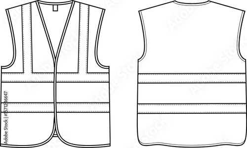 Reflective safety vest vector template, front and back CAD design, workwear apparel flat sketch, technical drawing, construction uniform