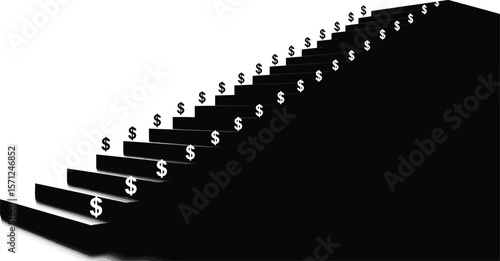 A staircase with dollar signs on each step symbolizes the climb to financial success and wealth accumulation
