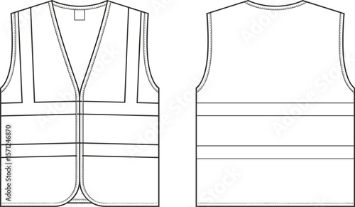 High visibility safety vest front and back view, technical flat sketch, CAD drawing, vector fashion template, construction workwear design