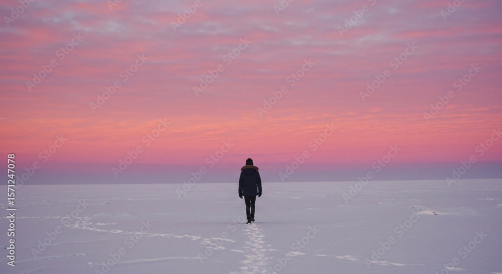 Person walking alone across snowy landscape under a vibrant pink sunset sky Person walking alone across snowy landscape under a vibrant pink sunset sky