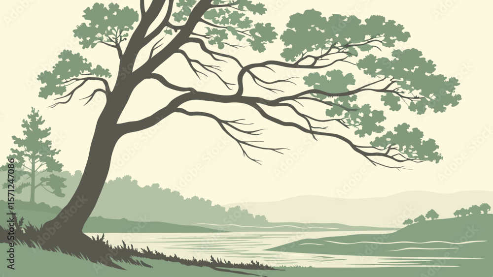 Fototapeta premium Vector Serene landscape features large tree with intricate branches, overlooking calm river