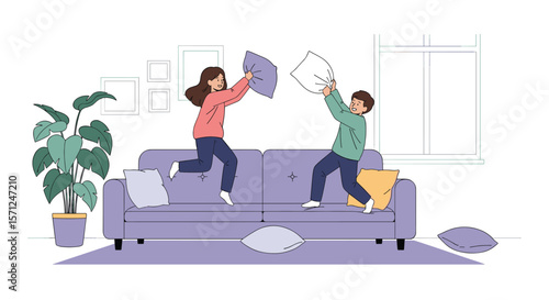 Children energetically enjoying a lively pillow fight on a cozy sofa in a bright living room setting