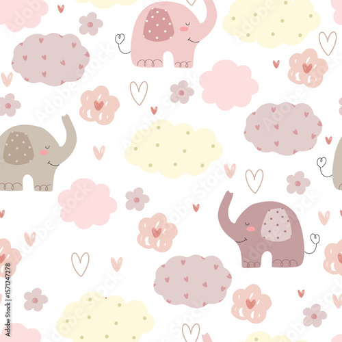 Seamless pattern with hand drawn elephants, hearts, flowers and clouds. Vector illustration with cute animals and flowers.