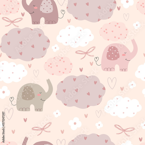 Cute elephants, clouds , flowers and hearts, hand drawn seamless pattern. Vector illustration with animals and clouds.