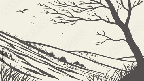 Vector Serene landscape featuring rolling hills, bare trees, and flying birds in muted tones