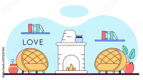 Vector Cozy living room with fireplace, bookshelves, and two yellow chairs, creating warm atmosphere