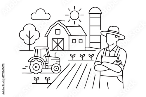 Farm scene with barn, tractor, crops and farmer in hat. Simple countryside coloring page for kids. 