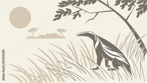 Vector Serene landscape features stylized animal silhouette amidst tall grass, with setting sun