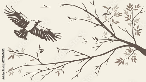 Vector Bird gracefully flies among branches with delicate leaves, creating serene atmosphere