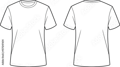 Basic crew neck t-shirt, front and back view, flat fashion sketch, technical CAD drawing, vector template, unisex casual design