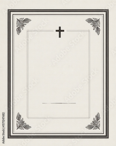 Minimalist Christian funeral template with cross, corner leaves, and blank space for memorial details
