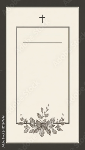Minimalist Christian funeral template with cross, corner leaves, and blank space for memorial details