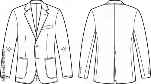 Men’s blazer jacket, front and back view, tailored design, flat sketch, fashion CAD drawing, technical vector illustration, formal template