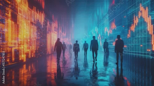 Wallpaper Mural Navigating the Digital Realm: Silhouetted figures traverse a futuristic cityscape adorned with pulsating data streams and vibrant economic indicators. Torontodigital.ca