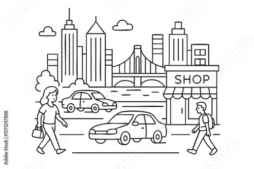 Modern city with bridge, skyscrapers, cars and pedestrians walking past a street shop. Vector line art. 