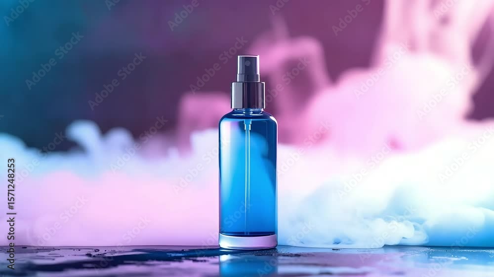 A Captivating Blue Spray Bottle Surrounded by Colorful Smoke in a Mystical Setting A Captivating Blue Spray Bottle Surrounded by Colorful Smoke in a Mystical Setting