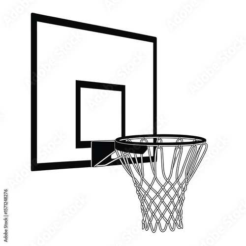 Black and white illustration of a basketball hoop and backboard with a net