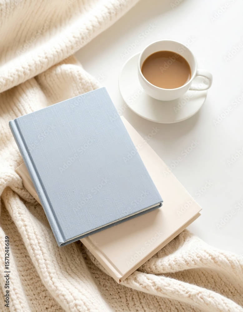 Fototapeta premium Coffee Cup with Books and Cozy Knit Blanket