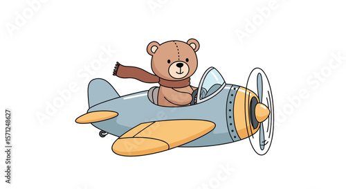 Adorable teddy bear pilot soars through the sky in a vintage aircraft