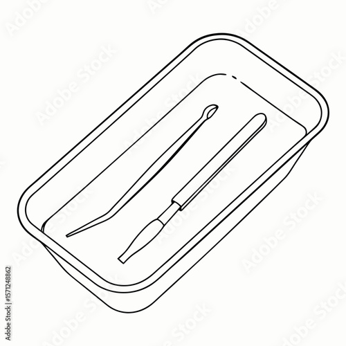 scalpel and tweezers in surgical tray. medical tools