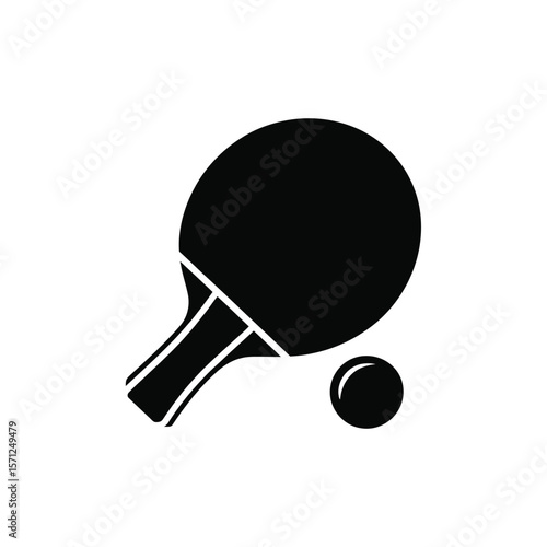 Simple black silhouette of a ping pong paddle and ball on a white background
