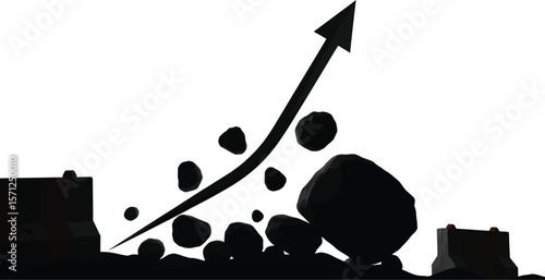 A rockfall hazard is depicted with falling rocks, an arrow indicating the direction, and protective barriers