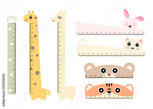 Children rulers with cute animals in a flat style on a white background. Back to school