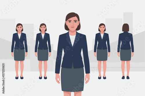 Flight attendant team, airline crew, professional uniform, airport staff, aviation service, modern vector illustration