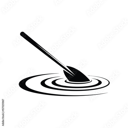 Black shovel digging into water creating ripples on a white background