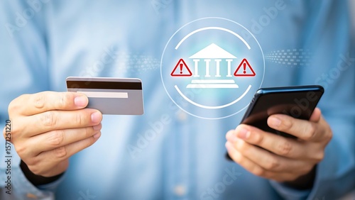 Man holding credit card and smartphone with bank building icon and warning signs indicating financial risk or security alert