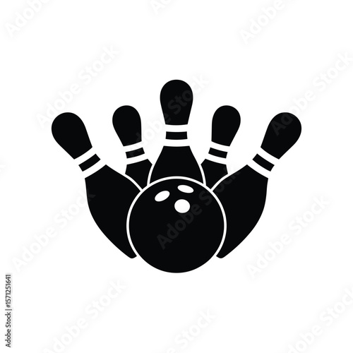 Black and white bowling ball and pins graphic icon for sports and recreation