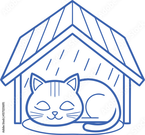 Blue outline drawing of a sleeping cat inside a simple house structure shelter