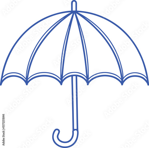 Blue umbrella outline with curved handle and radiating spokes protection rain