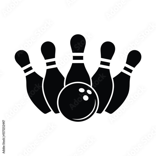 Black and white bowling ball and pins graphic icon for sport and recreation
