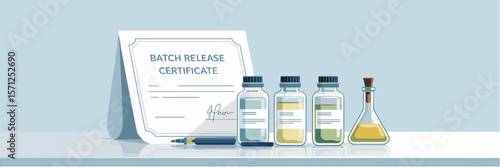 Batch release certificate next to pharmaceutical samples in vector banner