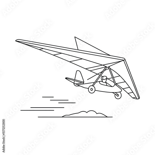 Simple line drawing of a hang glider with a pilot flying over hills