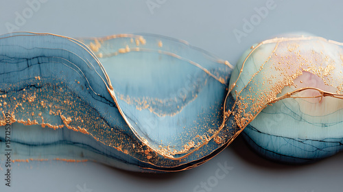 Abstract flowing fluid art with blue, gold, and peach tones