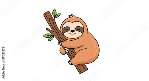 Cute cartoon sloth hanging on tree branch with happy face resting comfortably