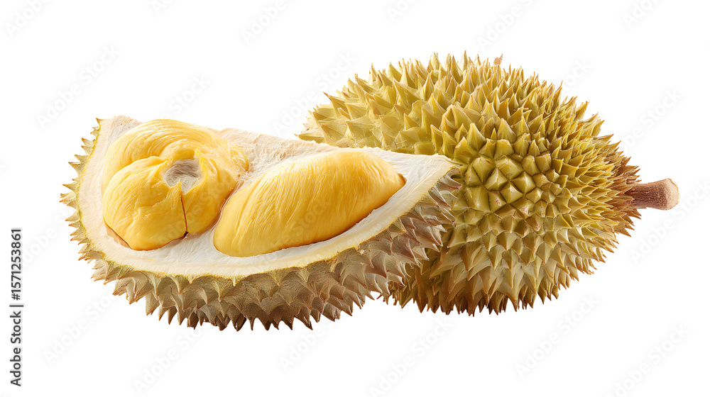 Fototapeta premium Durian fruit with cut in half sliced isolated on a white background