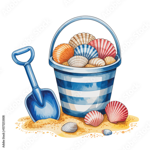 Beach bucket filled with colorful seashells and a blue shovel on sand